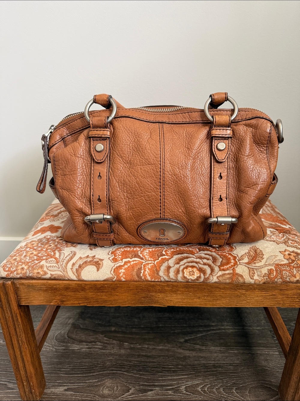 Fossil Pebbled Leather Satchel in Cognac Purse.